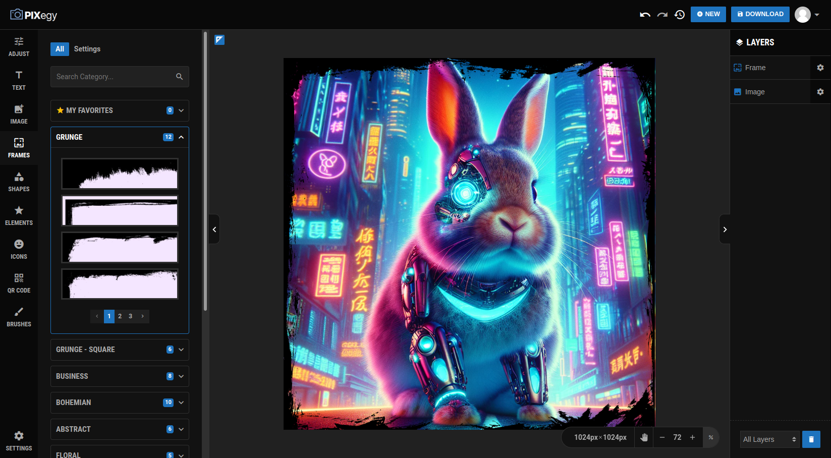 Pixegy creative frame library with grunge and other design categories