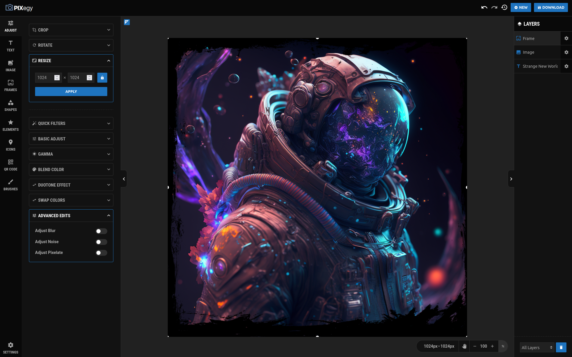 Pixegy editor interface showing image editing controls and layers